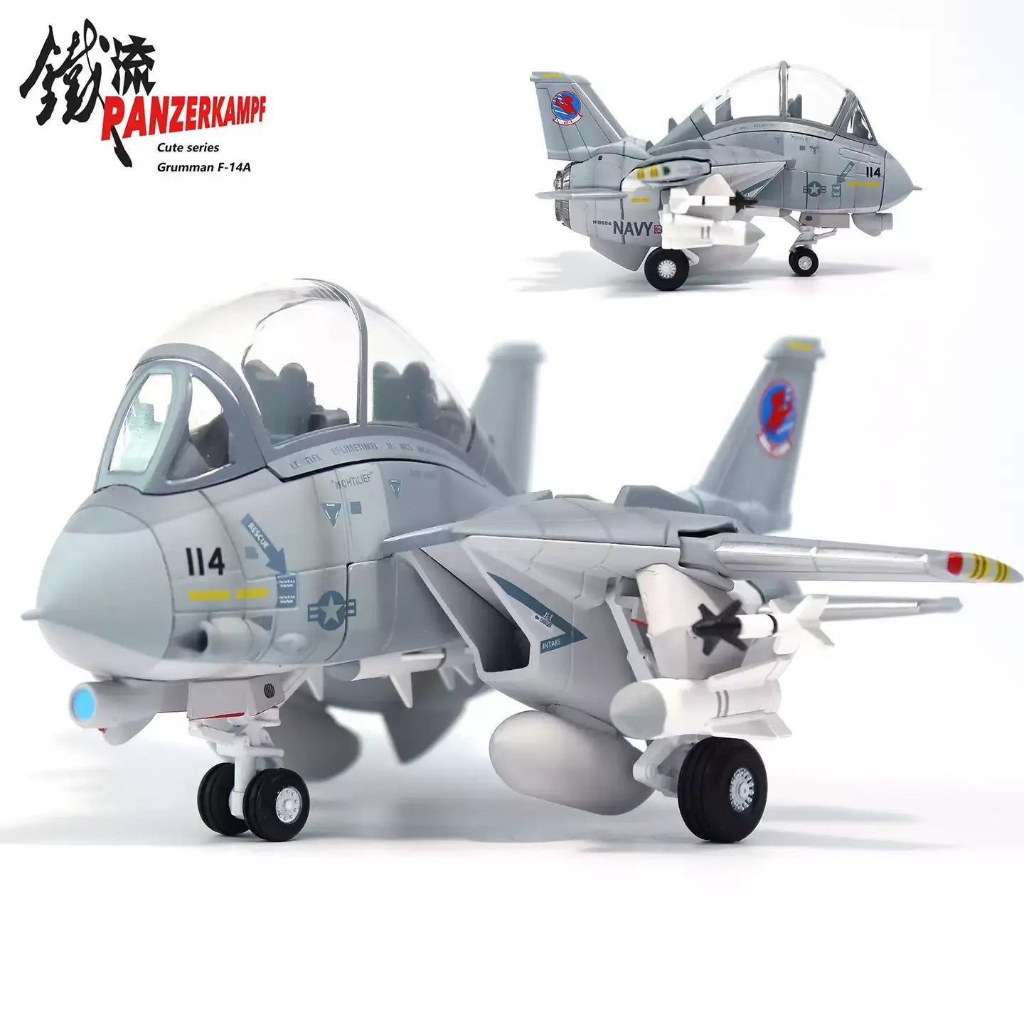 Iron Flow Q Version Variable Wing F14 Tomcat Fighter VF84 Pirate Flag Alloy Aircraft Model Ornament Cartoon Version Holiday Gift