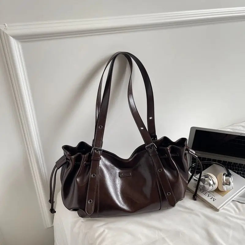 Vintage Fashion Soft PU Leather Large-capacity Tote Bag Underarm Bags Commuting Handbag Wallet Phone Storage Bag Woman Bags