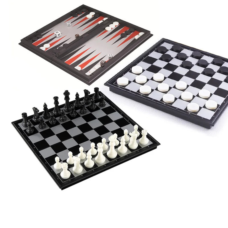 25CM Foldable Magnetic Chess Checkers Backgammon Game Board 3-in-1 Ideal Tabletop For Family Gathering