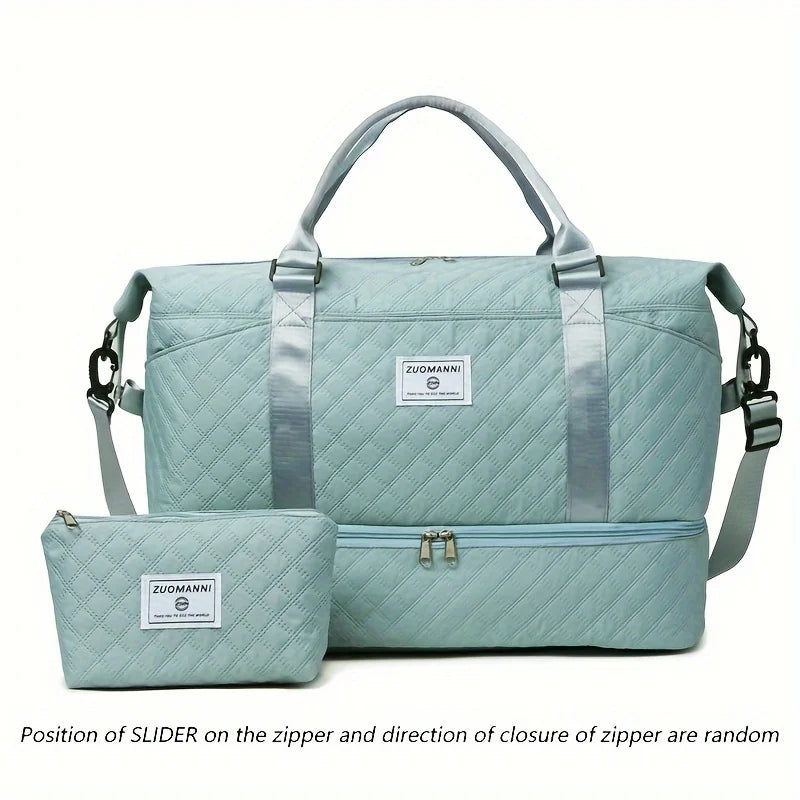 2pcs Set Large Capacity Travel Duffel Bag with Shoe Compartment and Cosmetic Pouch, Casual Nylon Gym Bag, Weekend Overnight Bag
