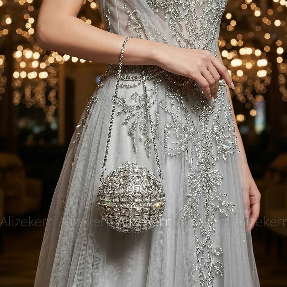 Alizekerr Ball Shaped Crystal Evening Bags Women New Boutique Bling Rhinestone Metallic Clutch Purses And Handbags Wedding Party