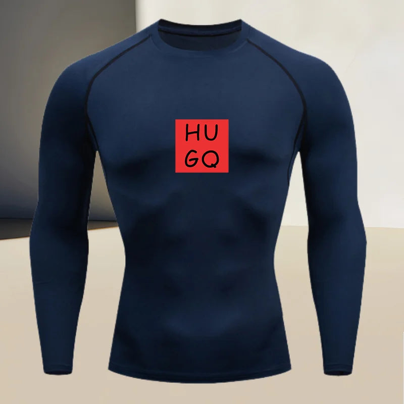 Men's gym compression quick drying base shirt, round neck long sleeved, high elasticity breathable fabric