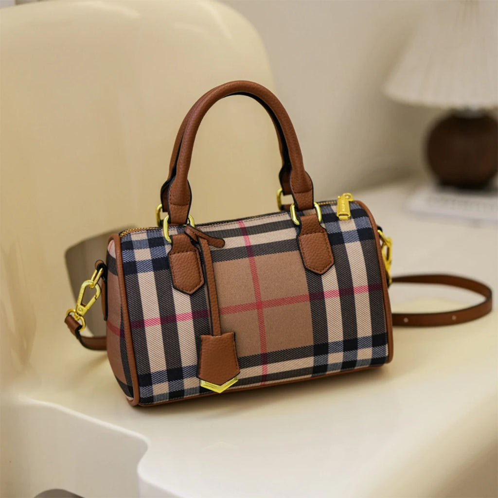 Women Luxury Plaid Shoulder Bag Gold Hardware Lightweight Large Capacity Zipper Adjustable Strap Dual Handles Travel Business
