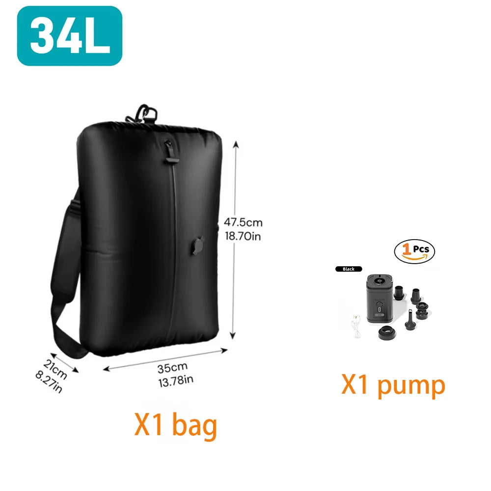 Vacuum Storage Bags 34L TPU Polyester IP67 Backpack Compression Bag 1200mAh Electric Pump Inflate Deflate Wearable Travel Black