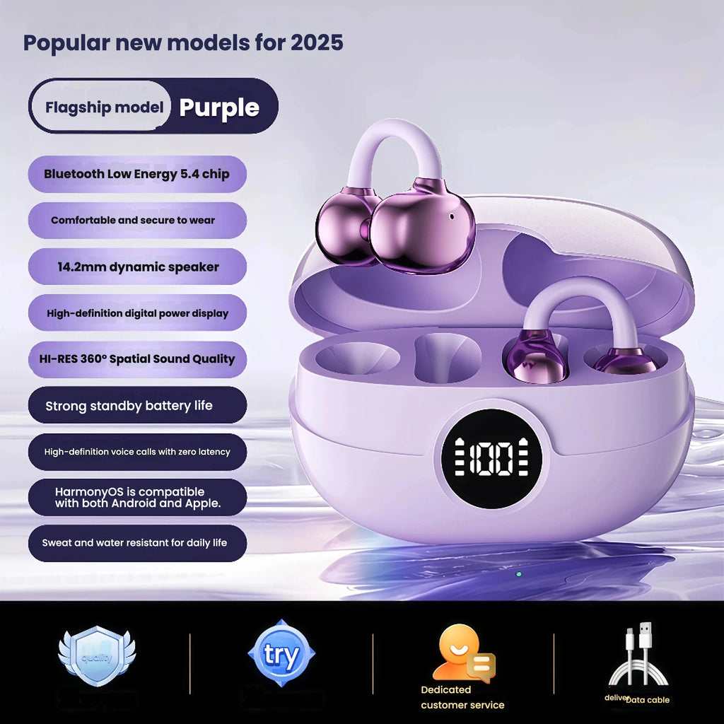 Wireless Open Earbuds with OWS Clip-On Design, Pure Stereo Sound, Call Noise Reduction, Rechargeable Battery, USB Charging