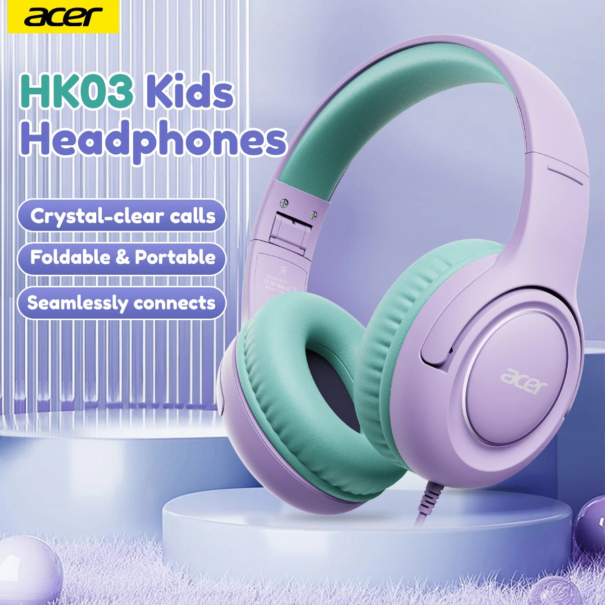 Acer Kids Headphones with Cord for School Over-Ear 85/94dB Volume Limiter 3.5mm Jack Foldable Stereo Headset for Toddlers