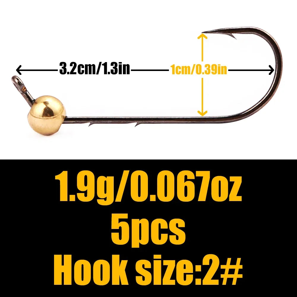 B&U 5pcs Micro Jig Head Fishing Hooks Set 0.5g-4g Copper Head Mini Crank Jig Fishhook for Soft Worm Lure Fishing Accessories