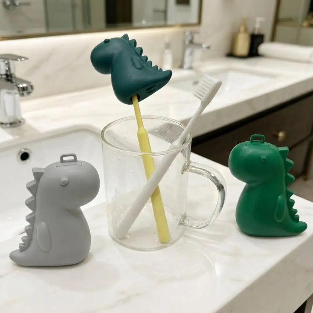 2in1 Toothbrush Head Protective Cover Dinosaur Shape Plastic Toothbrush Dust Cap Cover with Mini Toothpaste Storage Box Portable