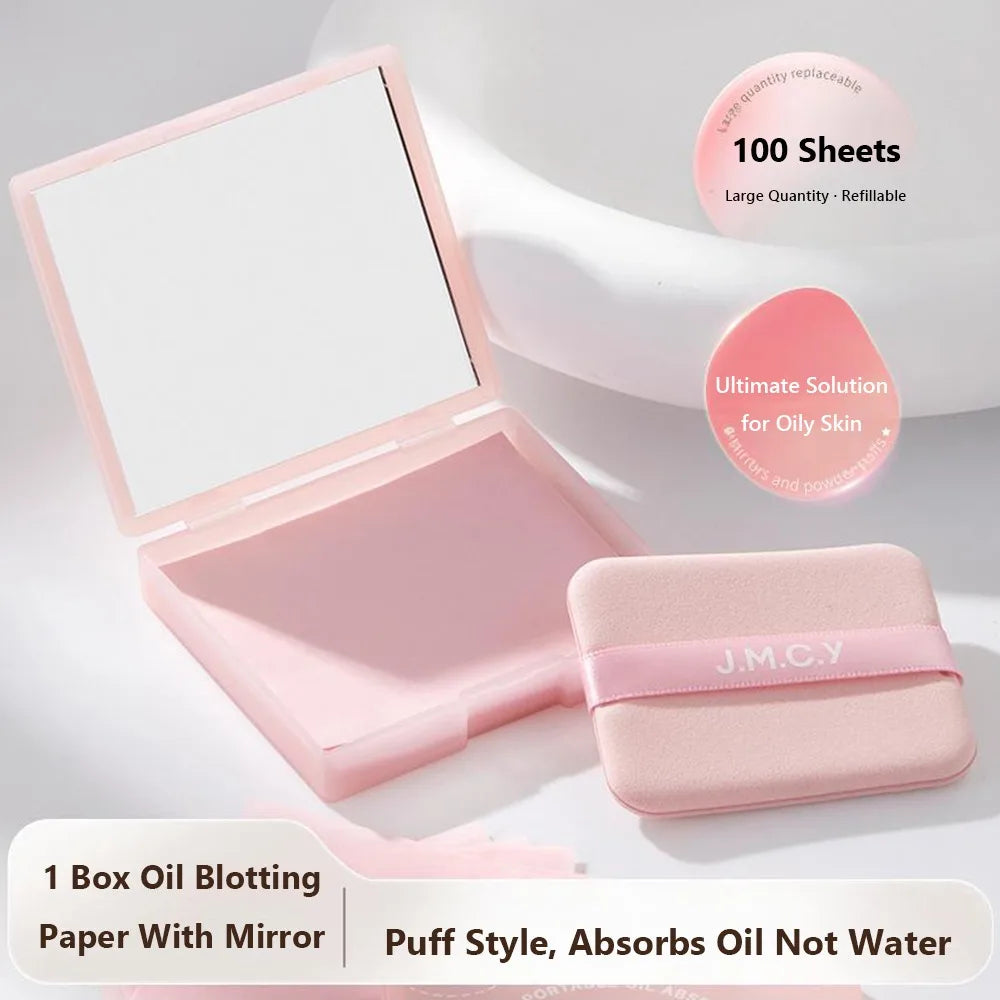 With Puff Oil Control Blotting Paper With Mirror Lightweight Face Shine Remover Compact 3-in-1 Blotting Paper for Summer Travel