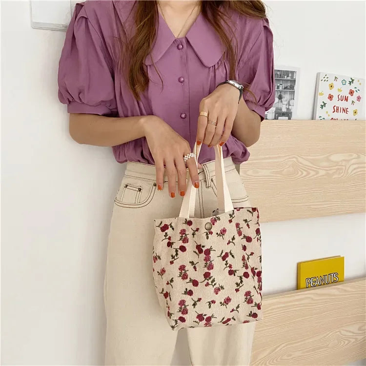 Casual Women Portable Lunch Bento Bag Retro Flower Ladies Small Handbags Thin Corduroy Female Shopper Clutch Purse Shoulder Bags