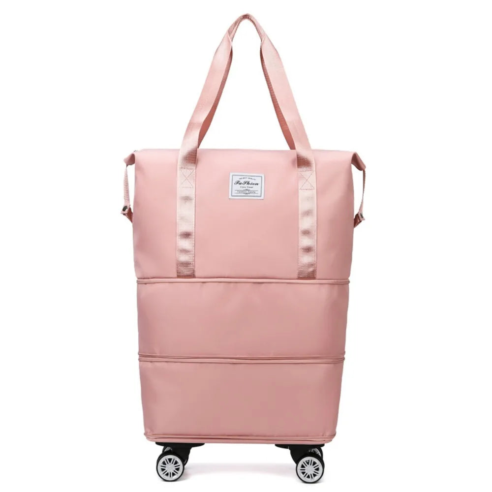 Oxford Cloth Gym Bag with Wheels Sport Dry-Wet Separation Collapsible Travel Tote Bag Expandable Large Capacity