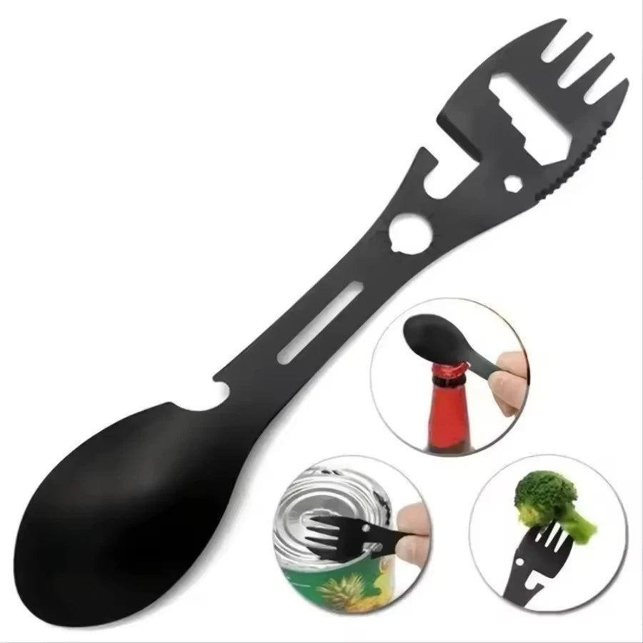 Multifunctional Whistle Knife Outdoor Camping Survival Spork with Multitool Wrench Bottle Opener Kitchen Spoon