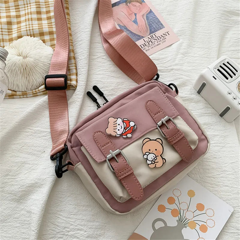 Girl's Fashion Nylon Shoulder Bag with Badge, Harajuku Shoulder Bag, Casual Square Cute Messenger Bag For Women Travel Going Out