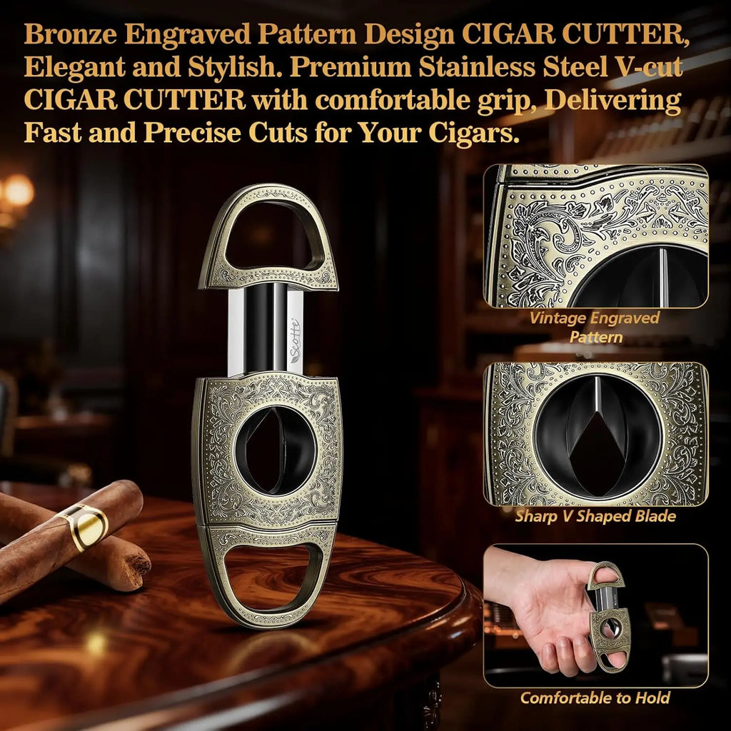 Cigar Cutter,Bronze Engraved V Cut Cigar Cutter Guillotine,Stainless Steel Blade Sharp Cigar Clippers,Cigar Accessories for Men