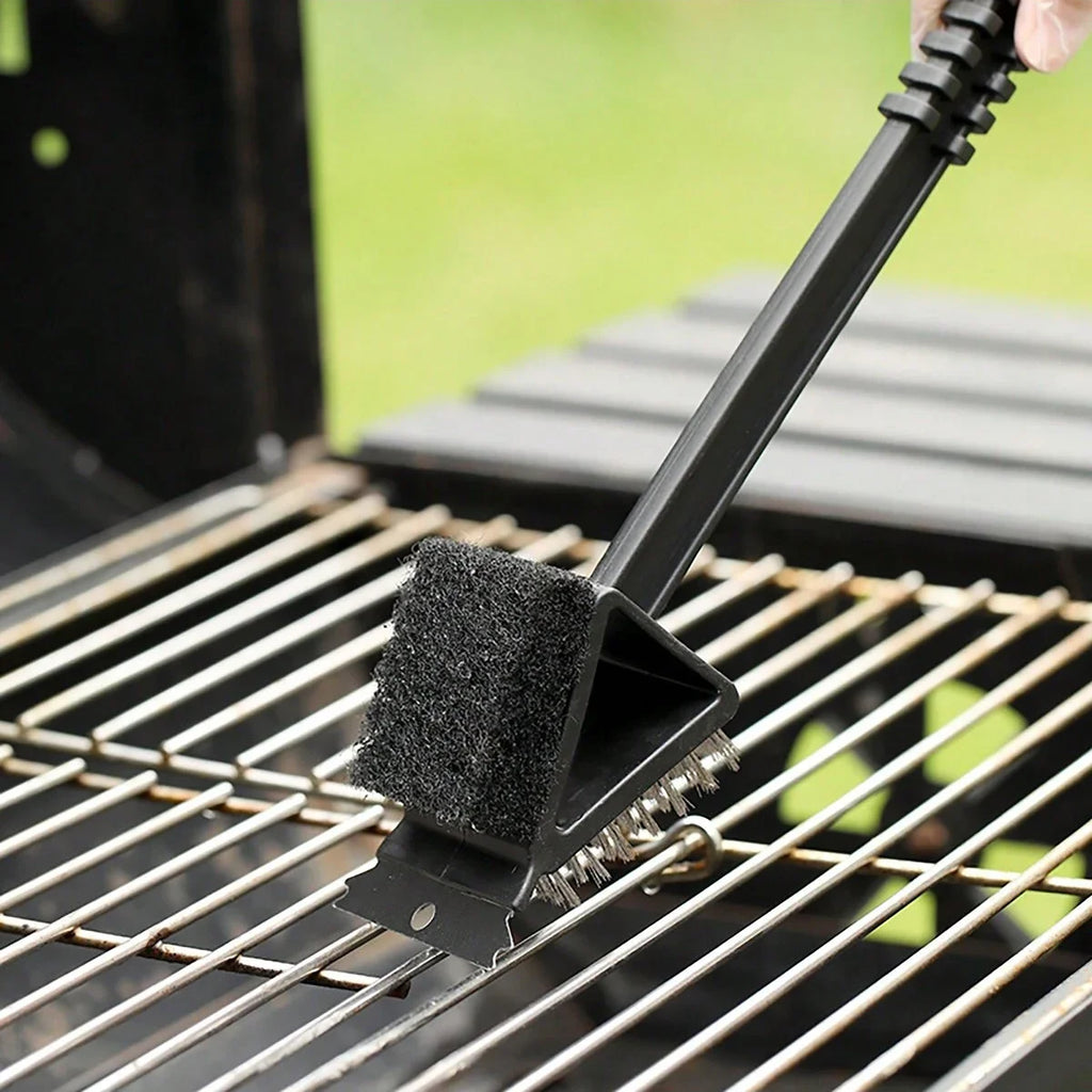 1pc-Long Handle BBQ Tool Barbecue Grill Oven Cleaning 3 in 1 CornerCopper Wire Brush for Outdoor PicnicCopper Wire Sponge Shovel