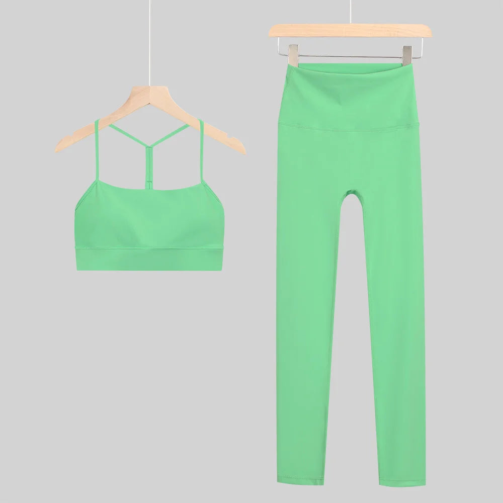 New Yoga Women Vest Gym Top Y-shape Bra Set Comfortable Running Fitness Cropped Pants Sportswear