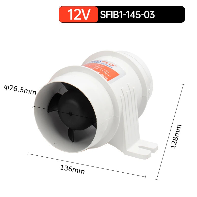 12V/24V 40A ABS Quiet Air Blower Water Resistant High Air Flow In-Line Blower Marine Bilge Boat Blower Motor Plastic