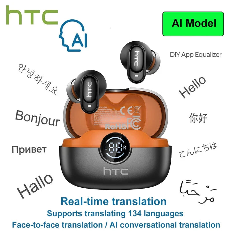 HTC NE79 TWS Bluetooth 6.0 Earphones AI Translator In-Ear HiFi Sound Headset for Sports Headset with Clear Call Mic