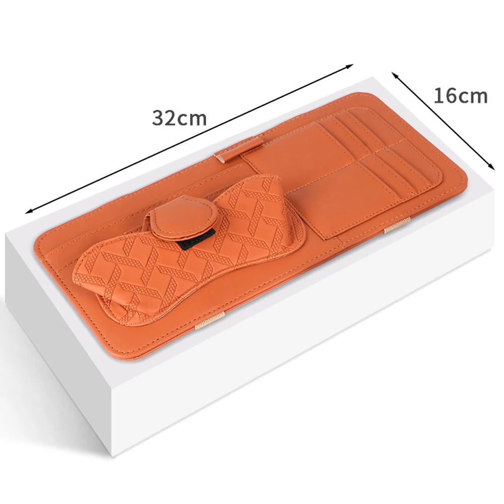 Car Sun Visor Glasses Holder Multi-Pocket Pouch Bag Storage Box Luxury PU Leather Eyeglasses Clip & Card Slots Car Interior