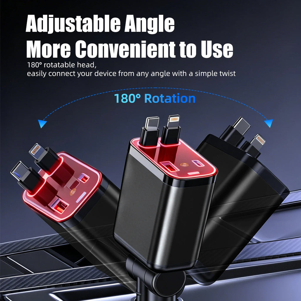 4in1 Retractable Car Charger with Red Roof Starlight USB Cable Fast Charger Cigarette Lighter Adapter For iPhone Huawei Samsung