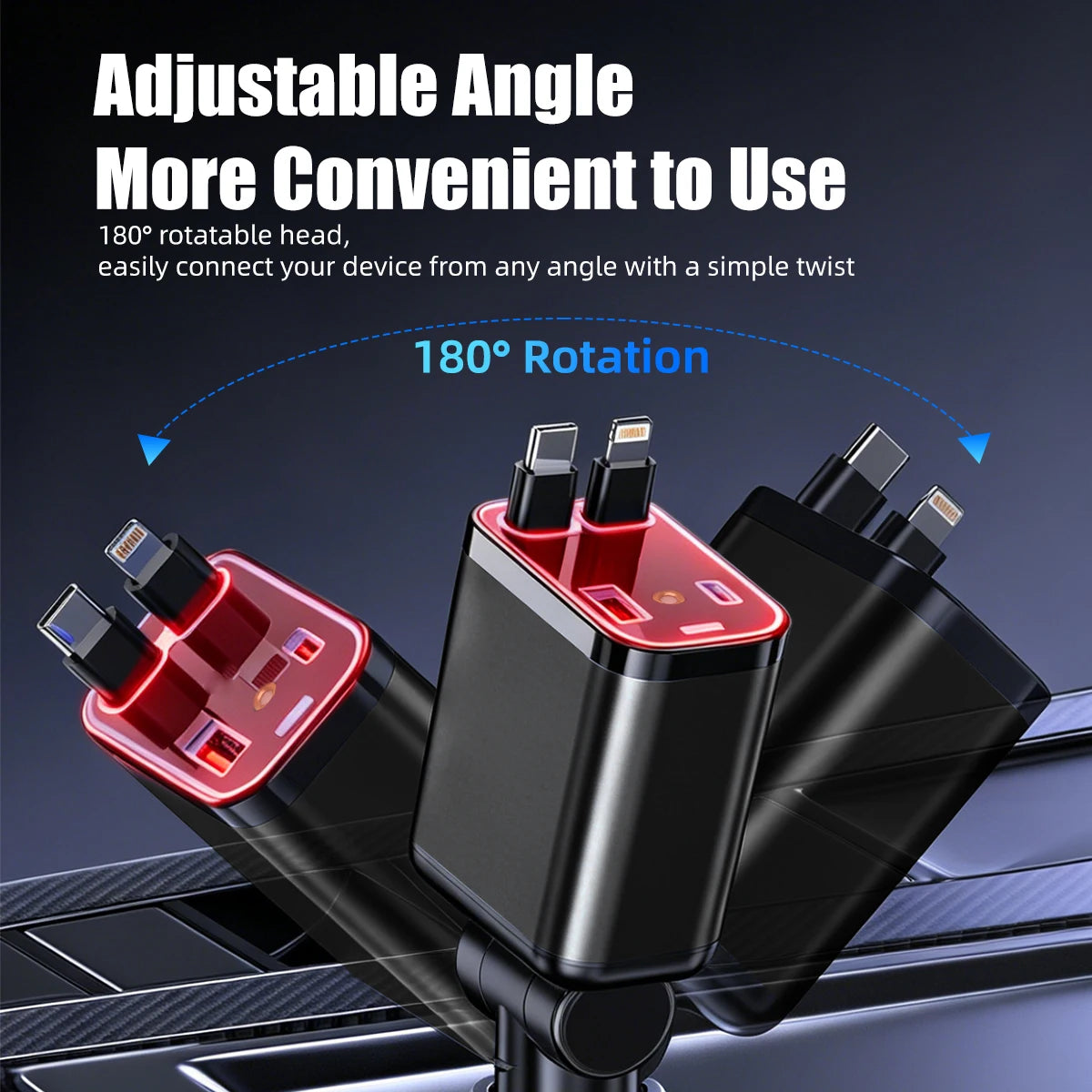 4in1 Retractable Car Charger with Red Roof Starlight USB Cable Fast Charger Cigarette Lighter Adapter For iPhone Huawei Samsung