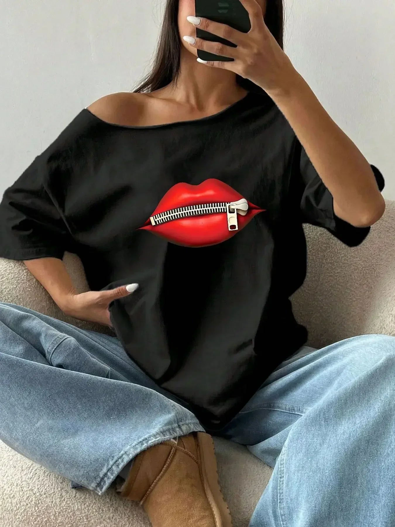 100% Cotton Plus Size Red Lips Zipper Print Shoulder Loose Print T-Shirt Oversized Y2K Style Graphic Tees Women Tops Summer O