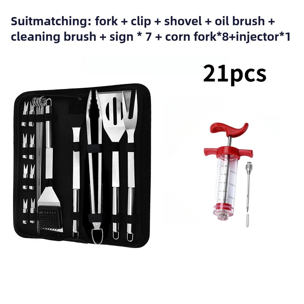 Portable BBQ Grill Tools Set Extra Thick Stainless Steel Fork, Spatula & Tongs - Injector - Complete BBQ Perfect Grill Gifts for