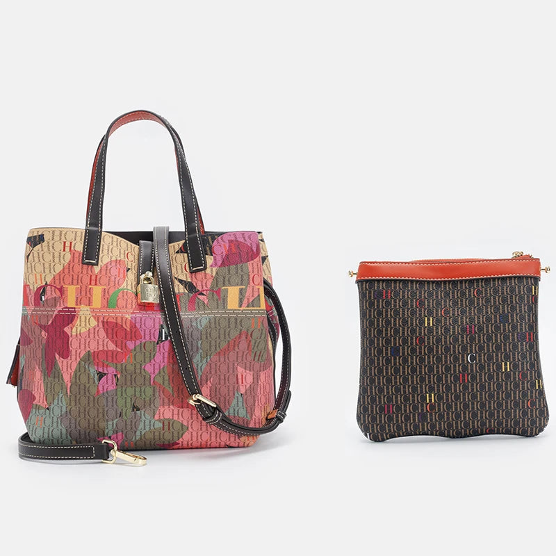 CH Letter Print Tote Bag Set 2 in 1 Large Capacity Women Handbag with Detachable Strap + Mini Clutch Casual Office Shopping Bag