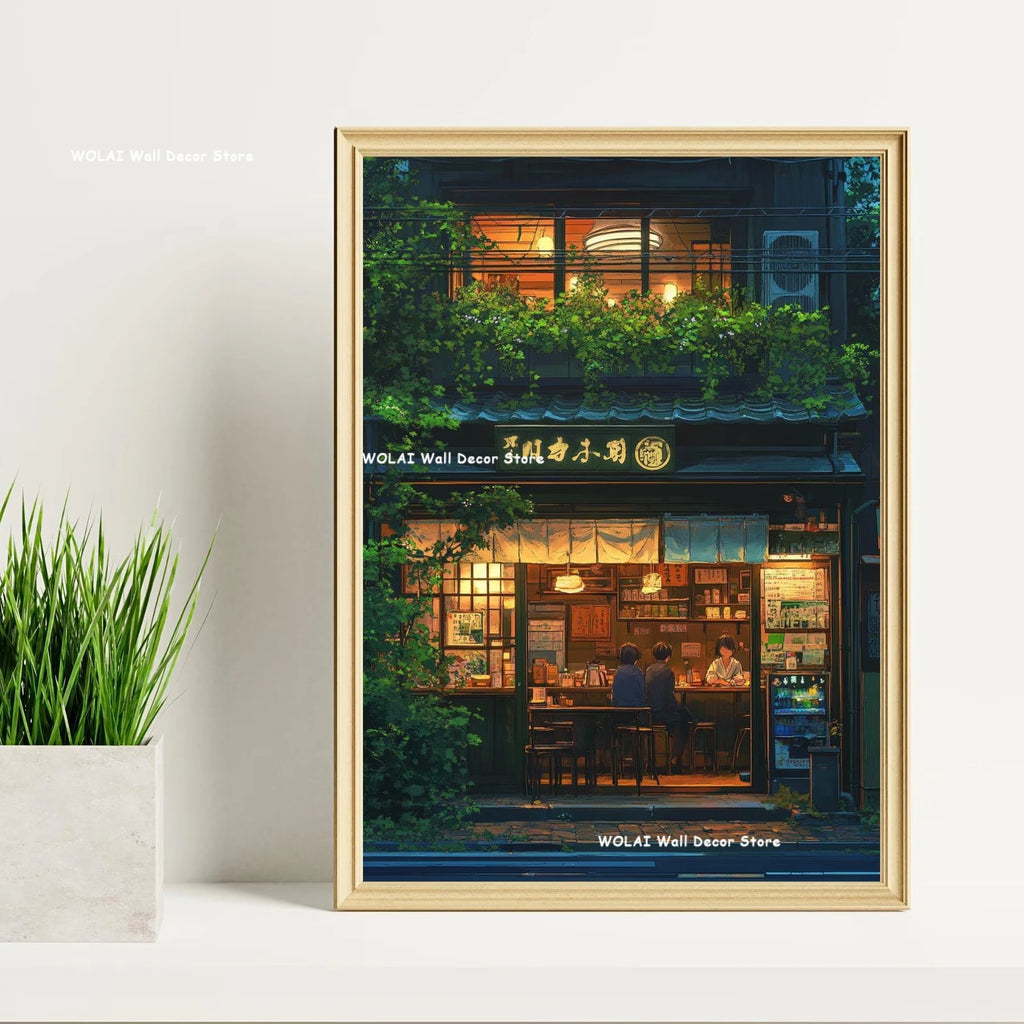 Anime Cafe Shop and Bicycle Canvas Poster Ghibli Work Anime Style Street Cafe Scene Wall Art Printing for Living Room Home Decor