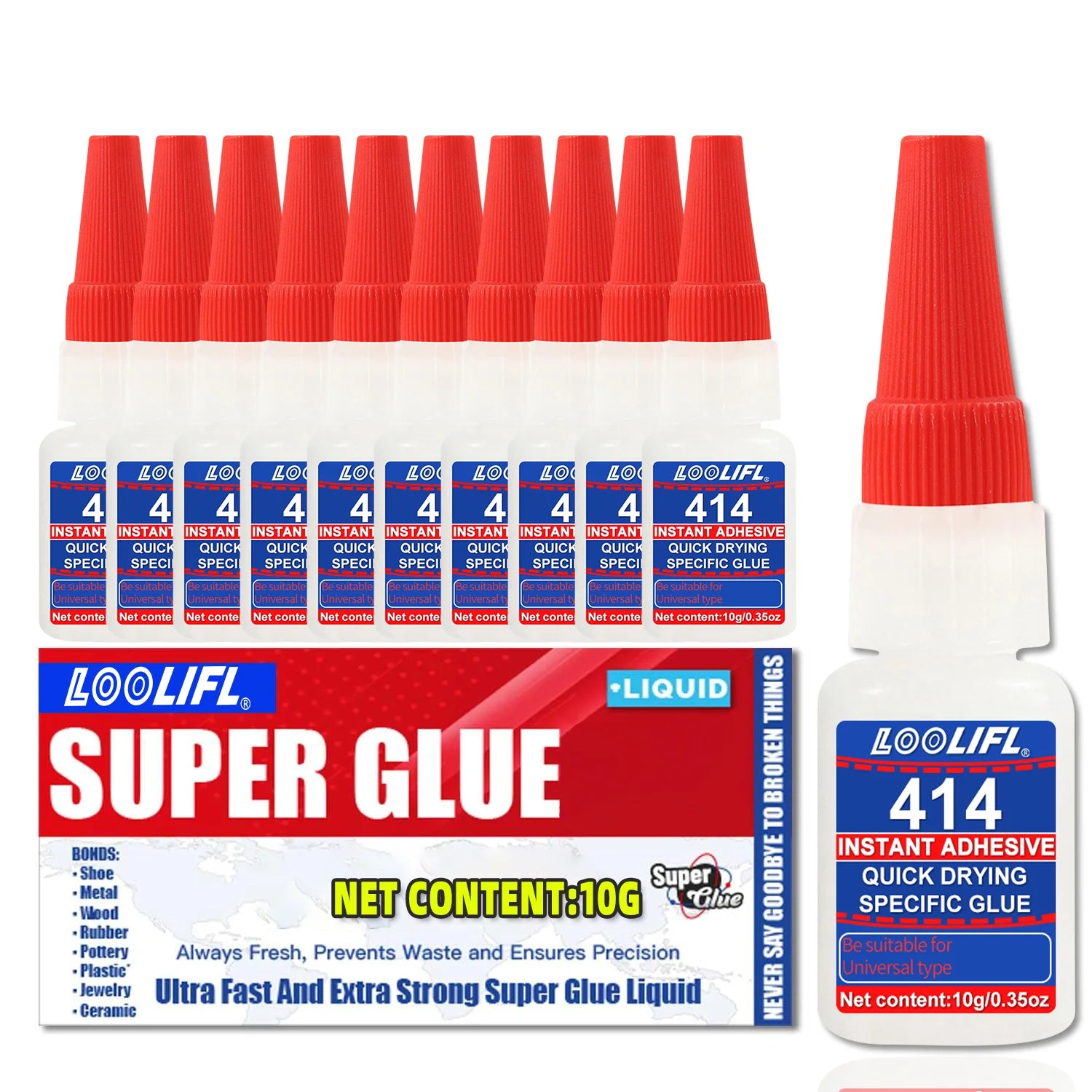 LOOLIFL Super Glue 10g (1-10pcs), Cyanoacrylate Glue, Multipurpose Adhesive for Hard Plastic, Ceramic, Metal, Wood, DIY Craft