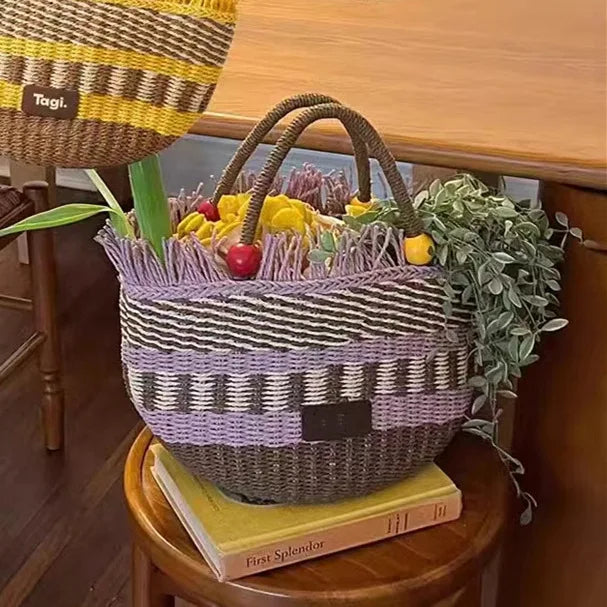 Cute Bucket Bag Picnic Basket Tassel Bead Decorated Hand Woven Grass Handbag Charming Shoulder Bag Women's Fashion Accessory