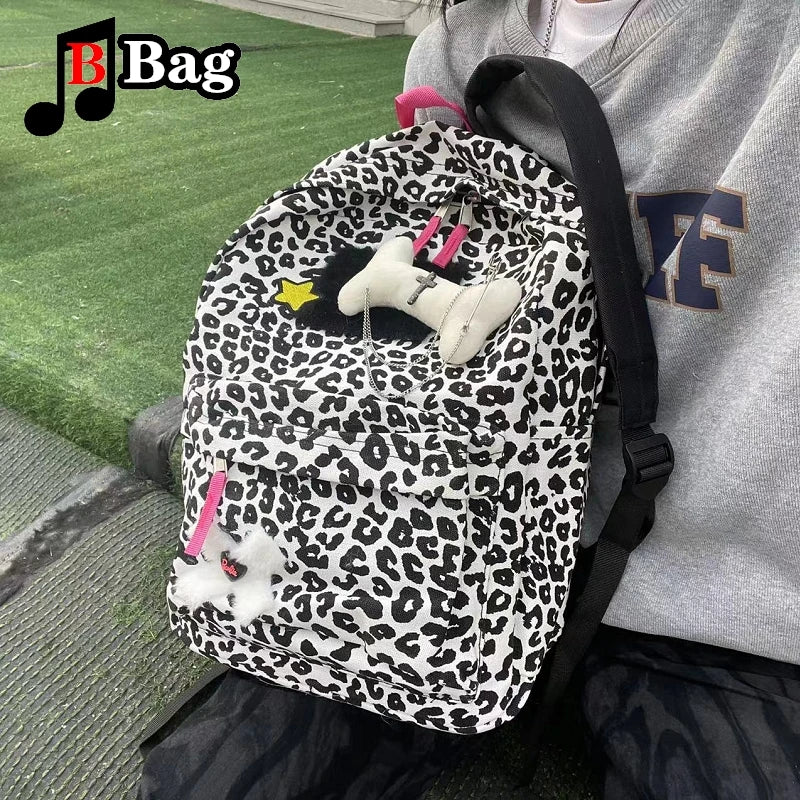 Y2K Millennial Spice Girl Schoolbag Large Capacity Commuter Leopard Vintage Versatile Campus Backpack Student woman Harajuku