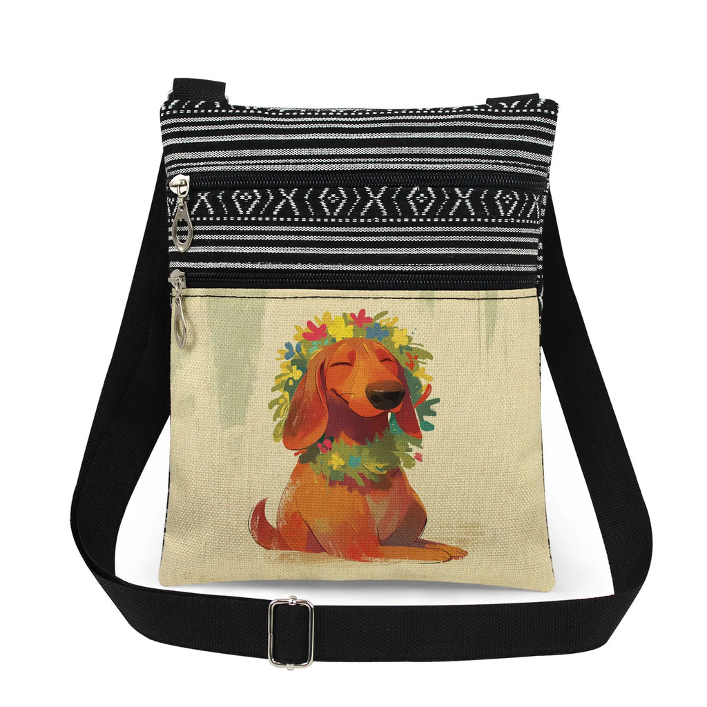 Cute Dachshund Print Crossbody Bag Female Floral Animal Shoulder Bags Fashion Outdoor Portable Double Zipper Lady Messenger Bag