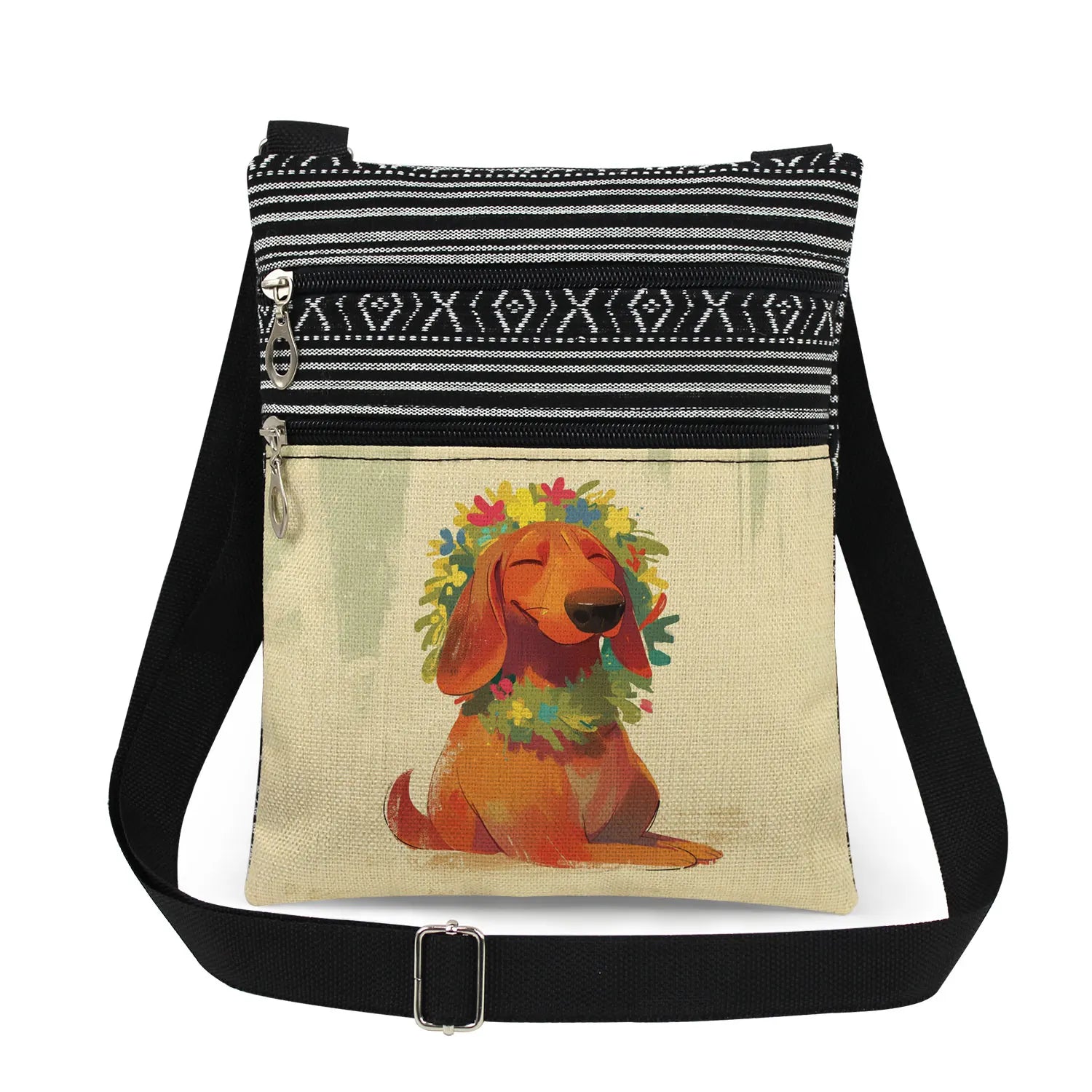 Cute Dachshund Print Crossbody Bag Female Floral Animal Shoulder Bags Fashion Outdoor Portable Double Zipper Lady Messenger Bag