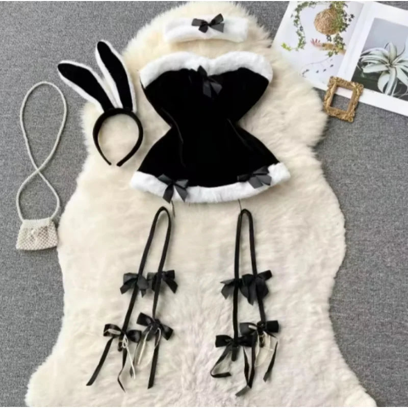 Sweet Bunny Lingerie Set Women Sexy Soft Plush Cute Bowknot Sweet Nightgowns Christmas Rabbit New