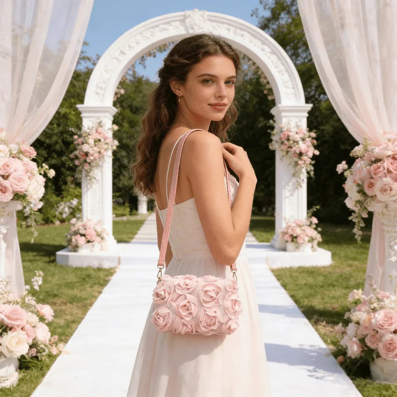 3D Rose Floral Crossbody Bag Faux Leather Zipper Closure Adjustable Strap Cylinder Shape Wedding Party Evening Purse