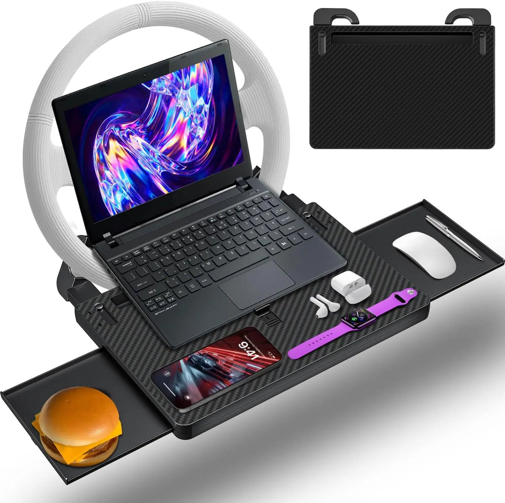 Carbon Fiber Design Auto Steering Wheel Tray Multipurpose Adjustable Car Table with Drawer and Anti-Slip Protective Adhesive