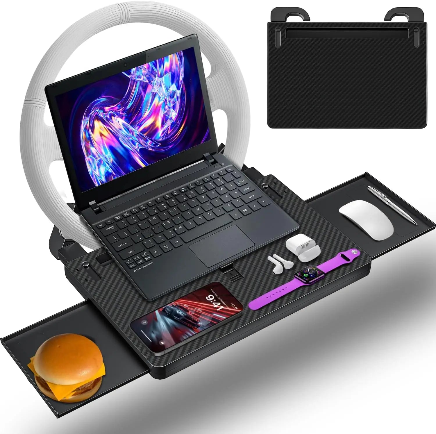 Carbon Fiber Design Auto Steering Wheel Tray Multipurpose Adjustable Car Table with Drawer and Anti-Slip Protective Adhesive