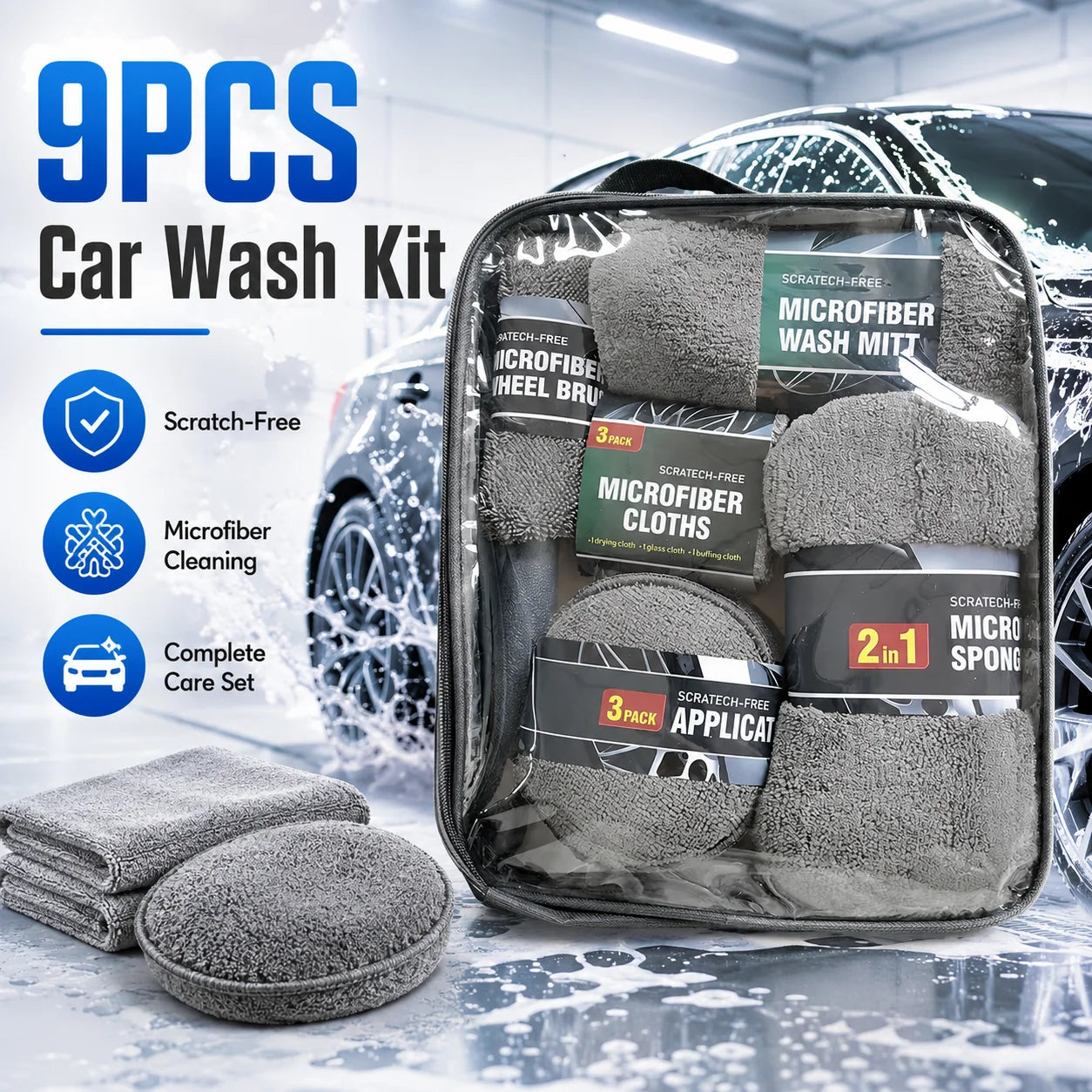 6/9Pcs Microfiber Car Wash Kit Scratch Free Auto Detailing Cleaning Tools Set Car Care Wash Mitt Towels Sponge Applicator Pads