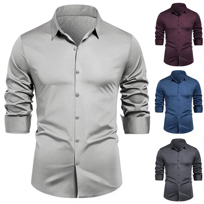 High-end Formal Work Shirts Men Spring Autumn Long Sleeve Elastic Shirt Anti-wrinkle Free Ironing Business Comfort Slim Workwear