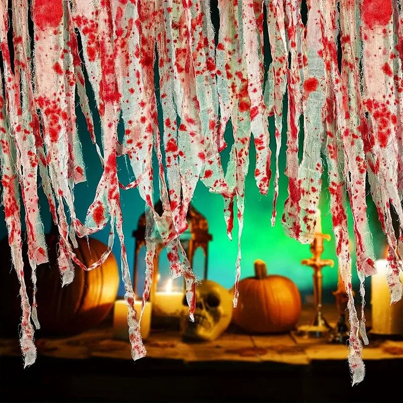 1PC Bloody Gauze Strips Roll with Caution Tape for Halloween Haunted House Decoration Creepy Crime Scene Party Props