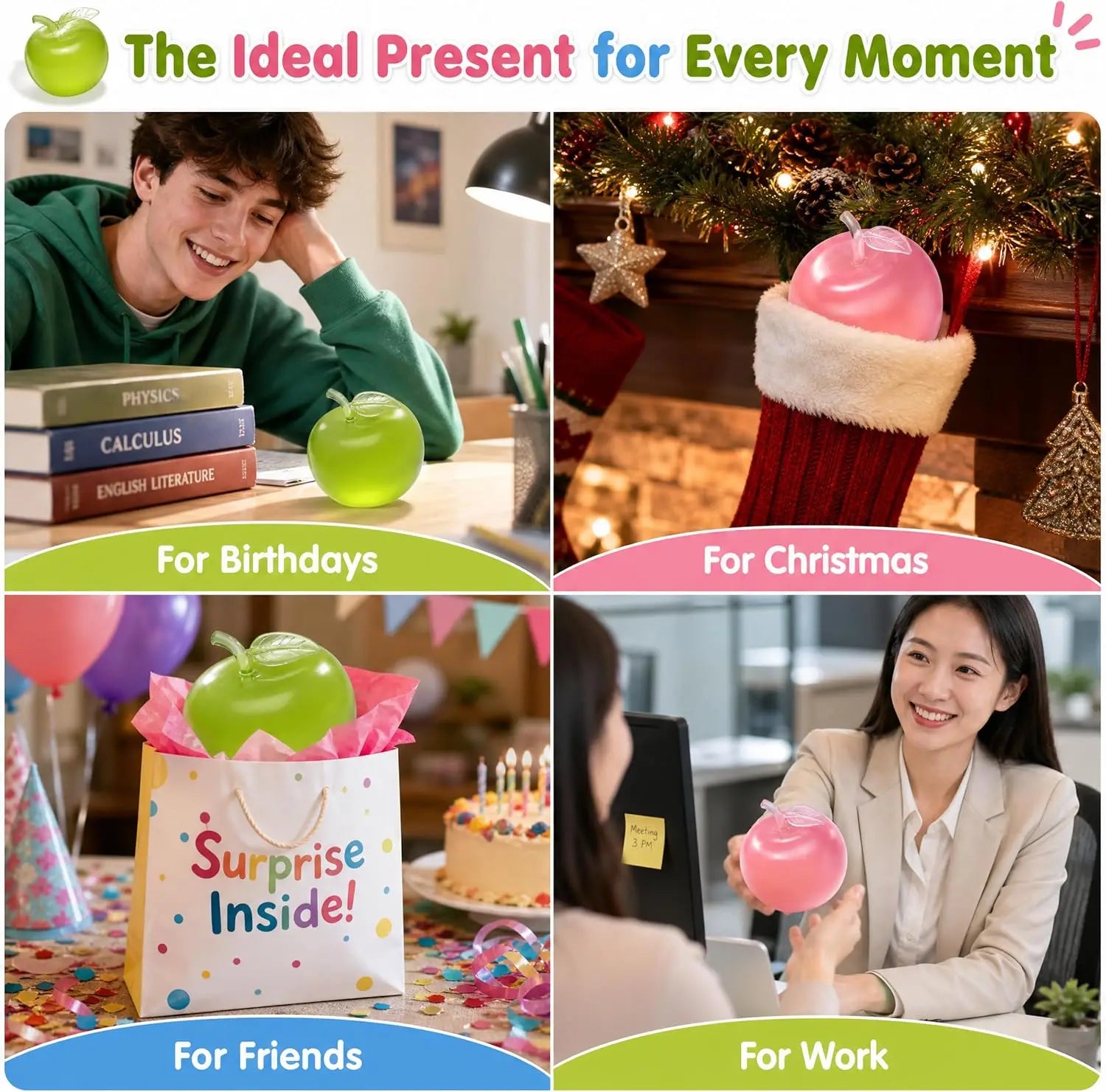 Simulation Apple Squishy Toys, Green Pink Apple Stress Balls Soft Fruit Squishies Squishy Squeeze Balls，For Creative Gift