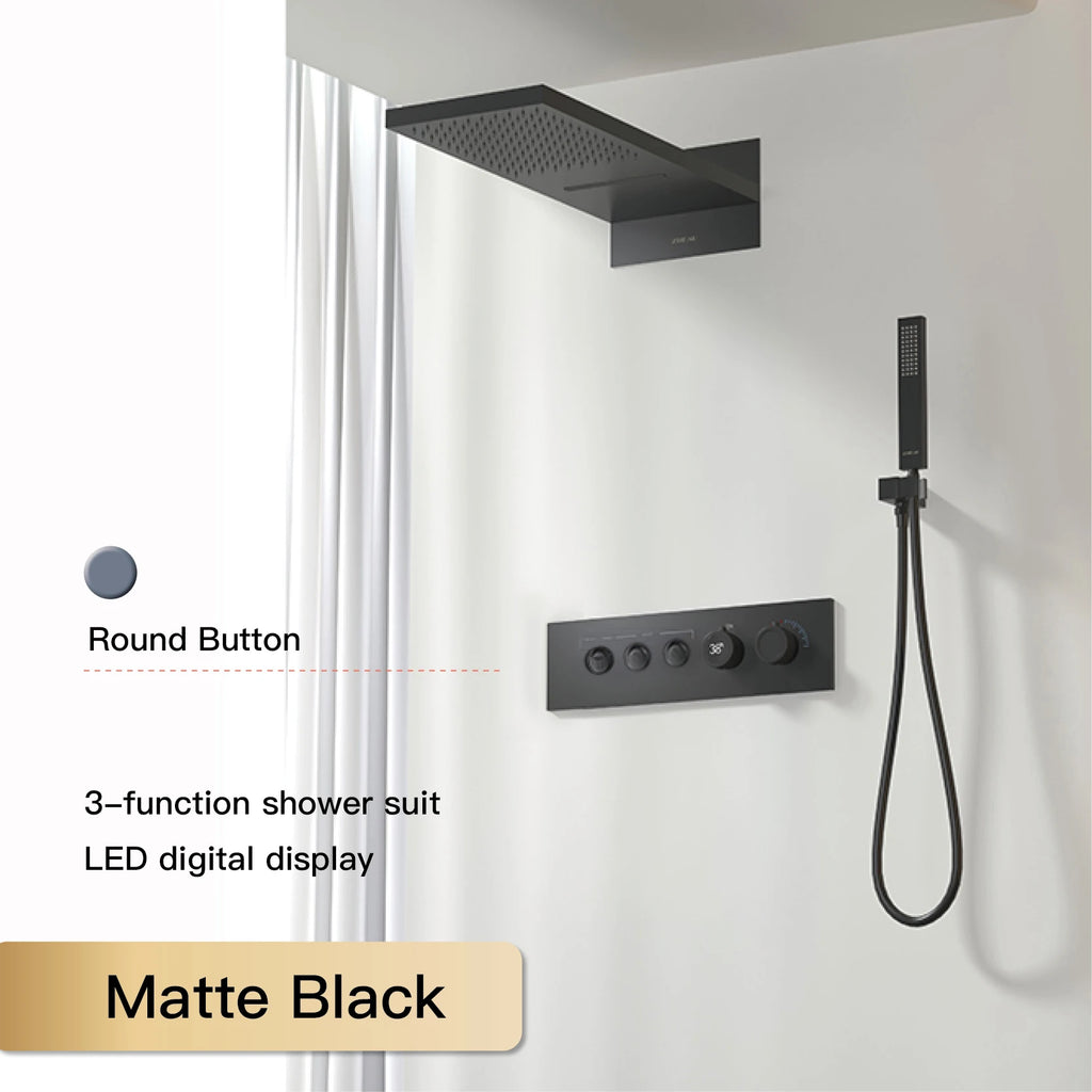 Luxury Black Brass Shower System Wall-Mounted LED Digital Display Design Cold & Hot Dual-Control 4-Function Ceiling Shower Tap