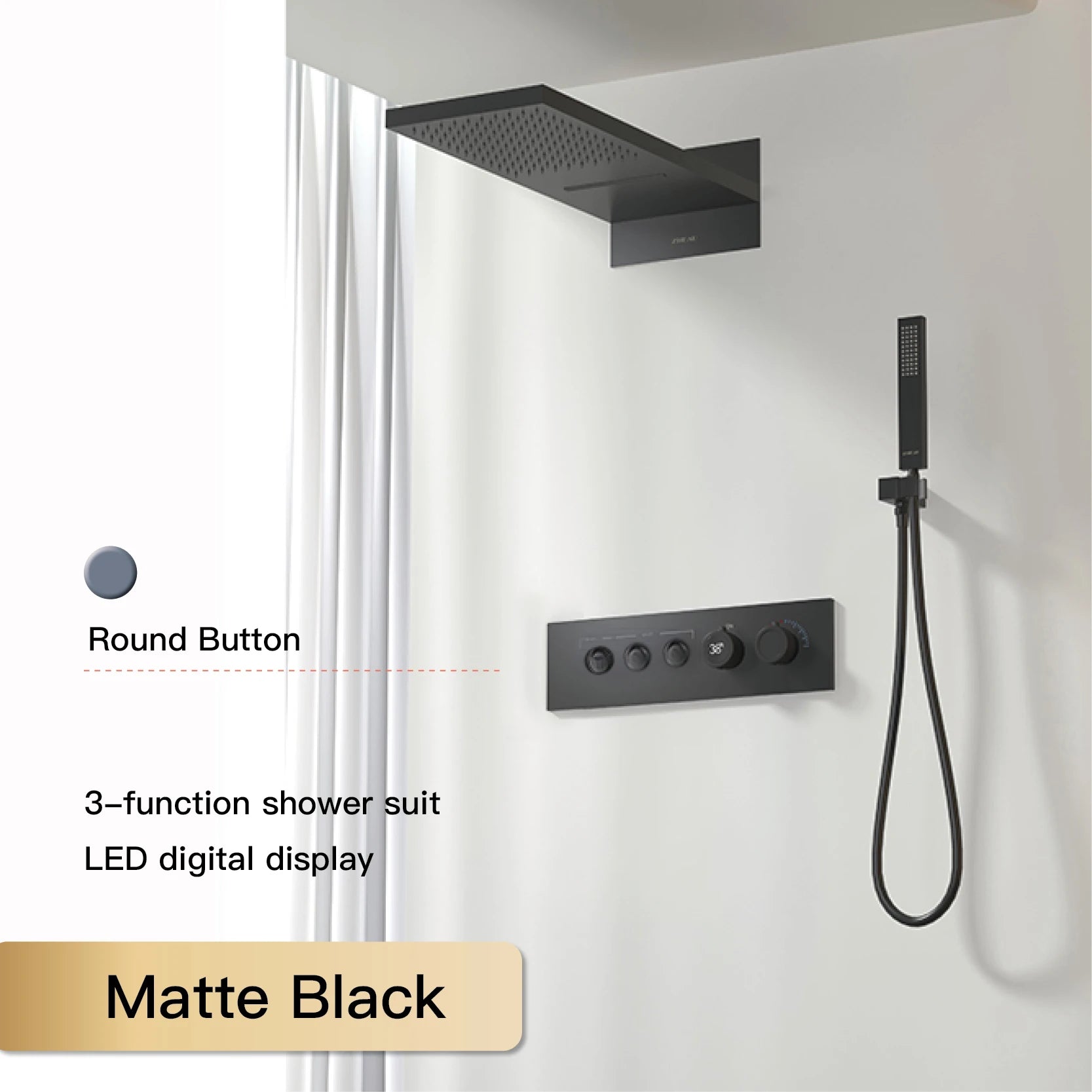Luxury Black Brass Shower System Wall-Mounted LED Digital Display Design Cold & Hot Dual-Control 4-Function Ceiling Shower Tap