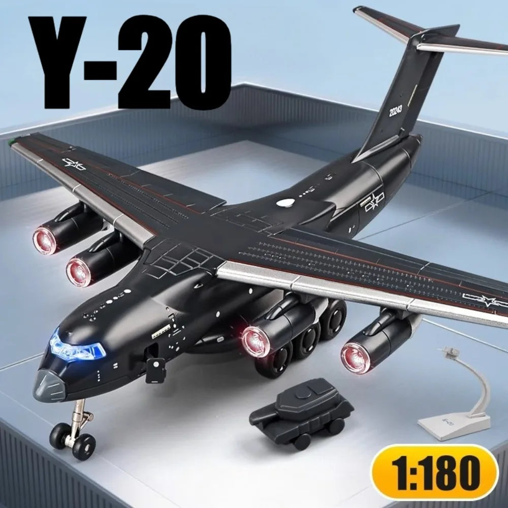 1:180 Scale Y-20 Transport Aircraft Model Toy Metal Body Pull Back Foldable Nose Wheel Military Plane Models Children's Gifts