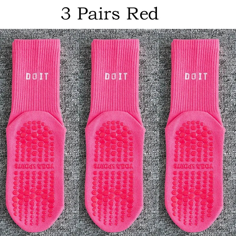 3Pairs Yoga Socks for Women Cotton Solid Mid Calf Pilates Socks Simple Sports Dance Fitness Training Cushion Socks