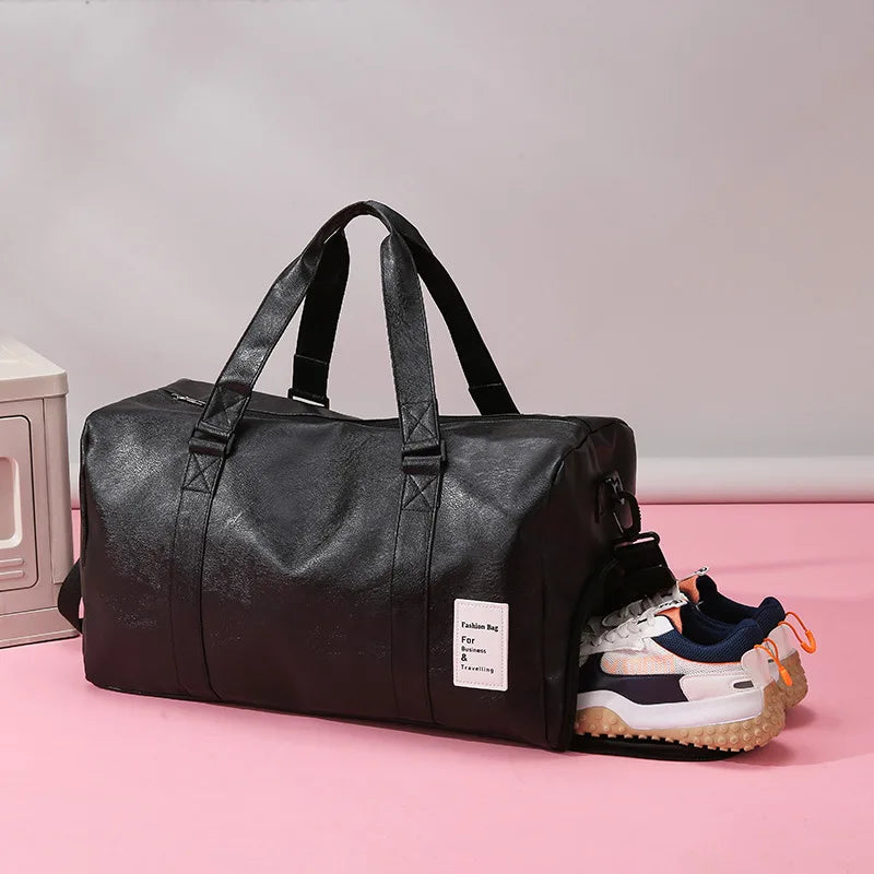 Soft Leather Fitness Bag Waterproof Dry Wet Separation Travel Bag Handheld Short Trip Bag with Independent Shoe Compartment P...