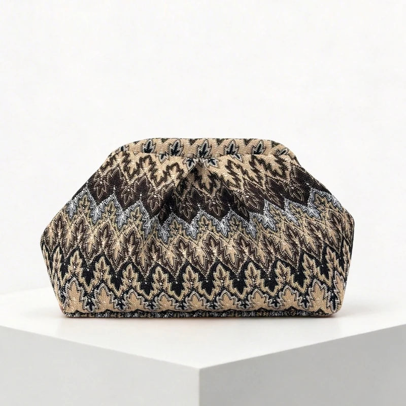 Bohemian Wave Striped Knitted Tote Bag Vintage Geometric Pattern Pleated Cloud Clip Clutch Casual  Elegant Party Evening Bag New