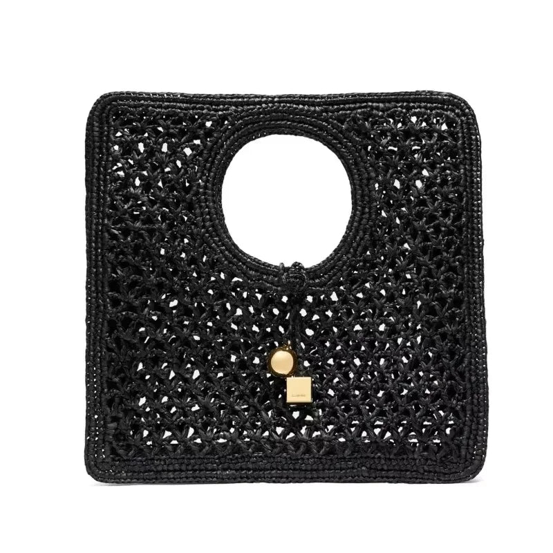 Interlocking-closure Tote Bag Women Black Flat Woven-raffia Luxury Designer Handbag New Gold Metal Rond-carré Charms Female Bags