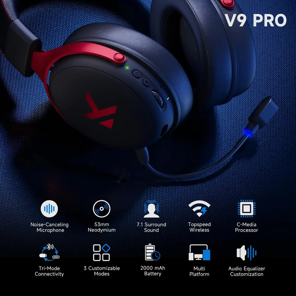 MCHOSE V9 Pro Wireless Headset 7.1 Surround Sound 53mm Gaming Headphones Noise Canceling Mic Low Latency Lightweight for PS5 PC SWITCH with Microphone